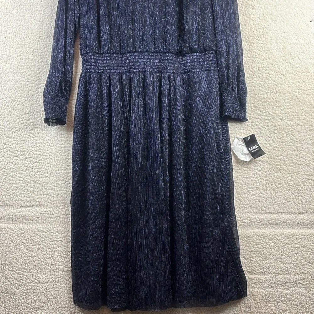 NWT MSK Womens Navy Blue Metallic Smocked V-Neck Long Sleeve Midi Dress PLUS 3X - Picture 7 of 13